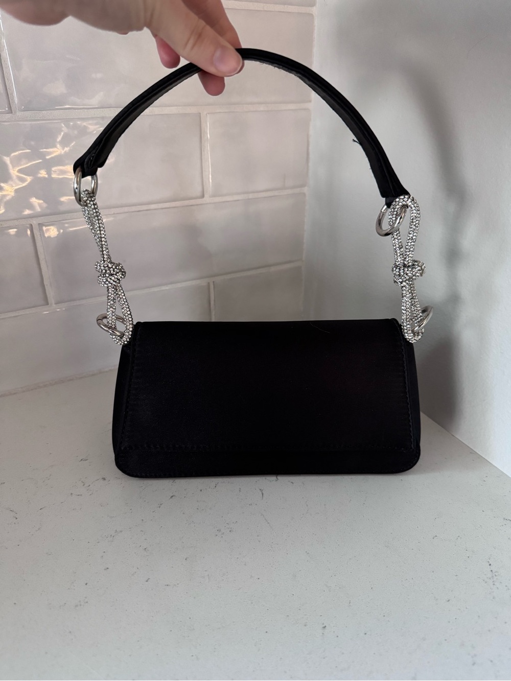Black Shoulder Bag with Detachable Crossbody Strap Rhinestone Bows